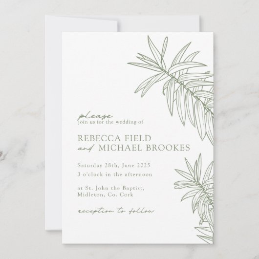 Sage Green Minimalist Botanical Wedding Kaart (Voorkant)
