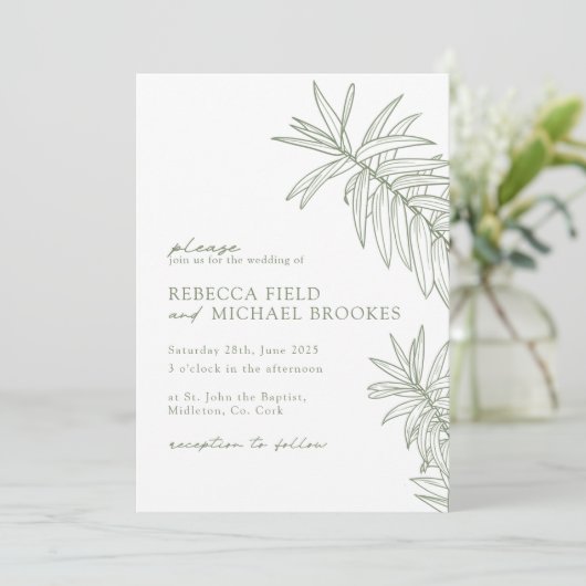 Sage Green Minimalist Botanical Wedding Kaart (Staand voorkant)
