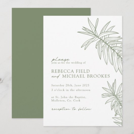 Sage Green Minimalist Botanical Wedding Kaart (Voorkant / Achterkant)