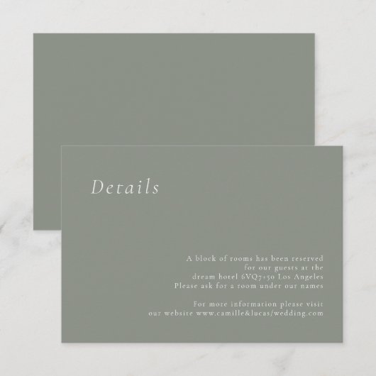 Sage Green Minimalist Elegant Wedding Details kaar RSVP Kaartje (Voorkant / Achterkant)