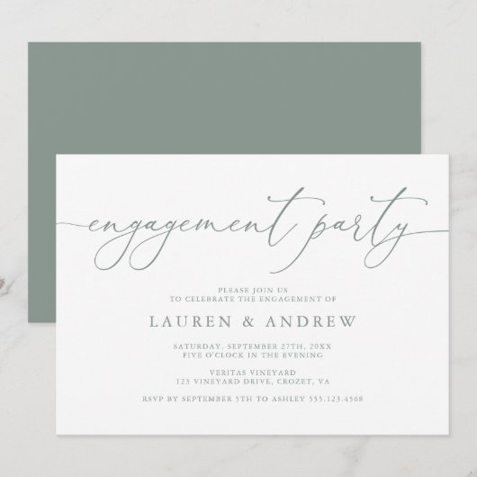 Sage Green Minimalist Engagement Party Kaart (Voorkant / Achterkant)