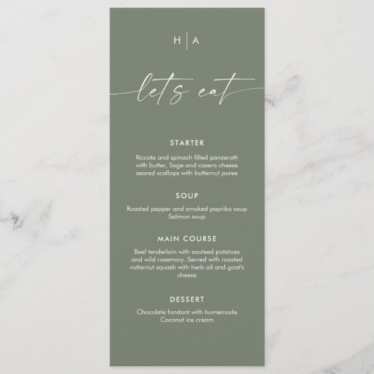 Sage Green Minimalist Handwriting Wedding Dinner Menu (Voorkant)