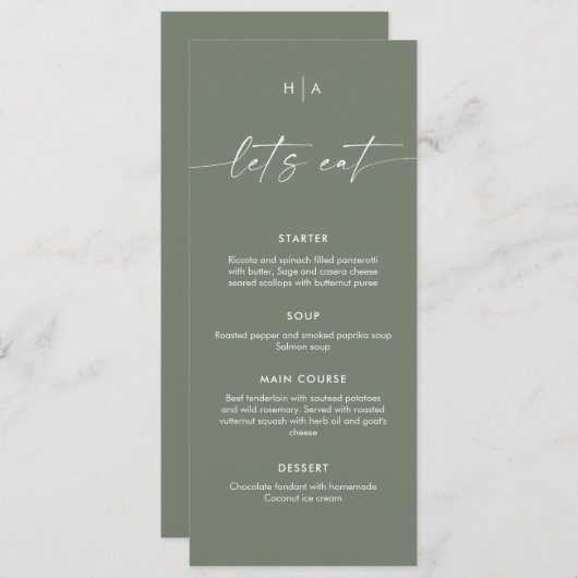 Sage Green Minimalist Handwriting Wedding Dinner Menu (Voorkant / Achterkant)