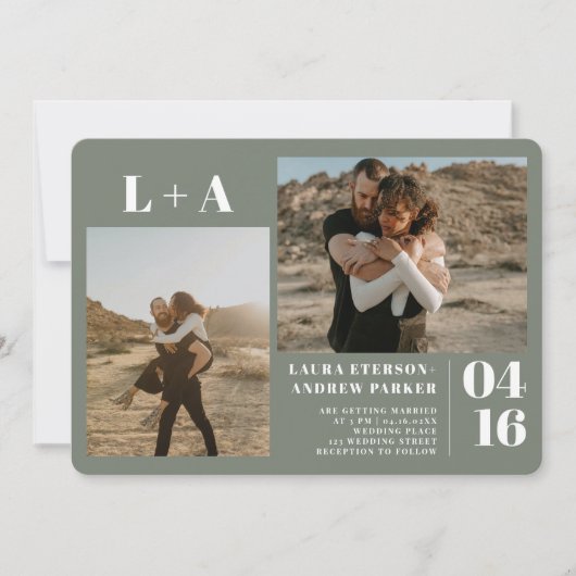 Sage green minimalist initialen 2 foto's bruiloft kaart (Voorkant)