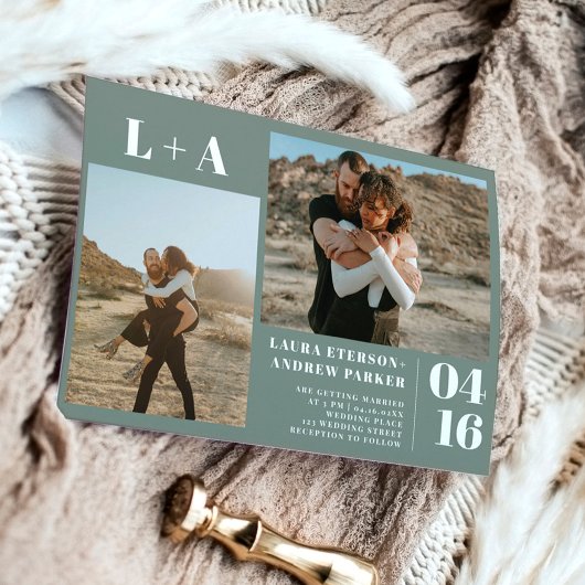 Sage green minimalist initialen 2 foto's bruiloft kaart