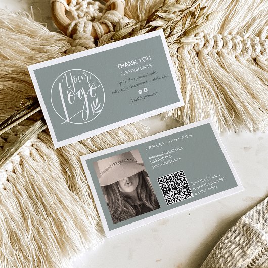 Sage green minimalist logo Qr order bedankt Visitekaartje