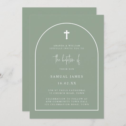 Sage Green Minimalist Modern Arch Script Baptisme Kaart (Voorkant / Achterkant)