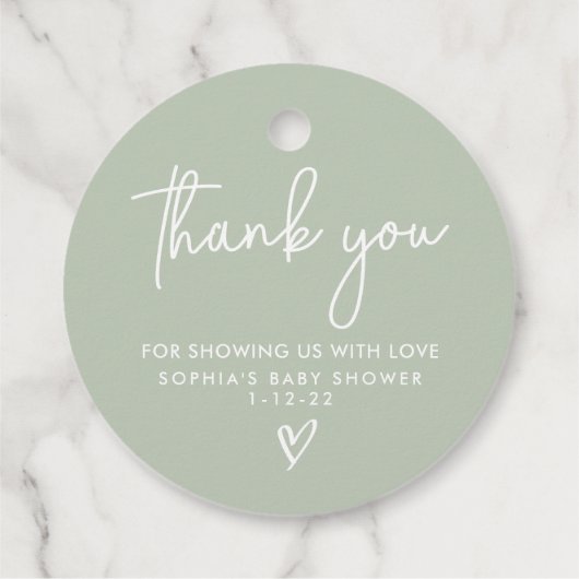 Sage Green Minimalist Modern Boho Baby shower Bedankjes Labels (Achterkant)