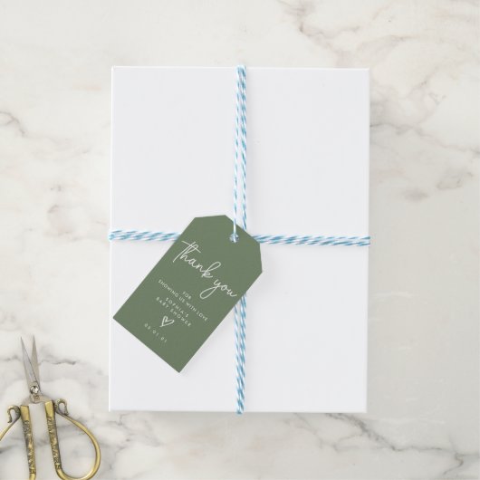Sage Green Minimalist Modern Boho Baby shower Cadeaulabel (Met Touw)
