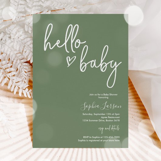 Sage Green Minimalist Modern Boho Baby shower Kaart