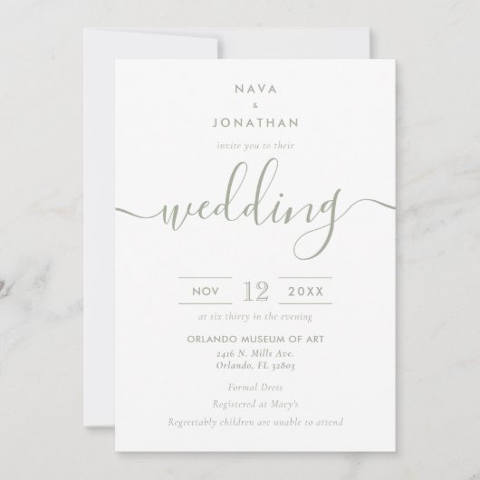 Sage Green Minimalist Modern Script Wedding Kaart (Voorkant)