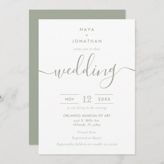 Sage Green Minimalist Modern Script Wedding Kaart (Voorkant / Achterkant)