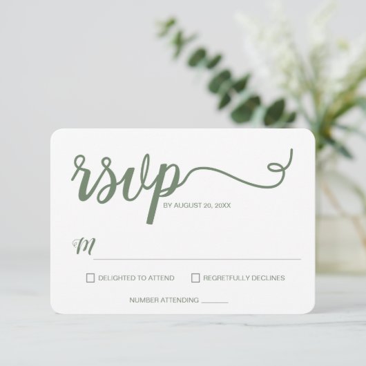 Sage Green Minimalist Modern Script Wedding RSVP Kaartje (Staand voorkant)