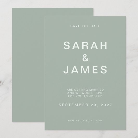 Sage Green Minimalist Modern Wedding Save the Date (Voorkant / Achterkant)