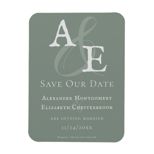 Sage Green Minimalist Monogram Bewaar de datum Magneet (Verticaal)