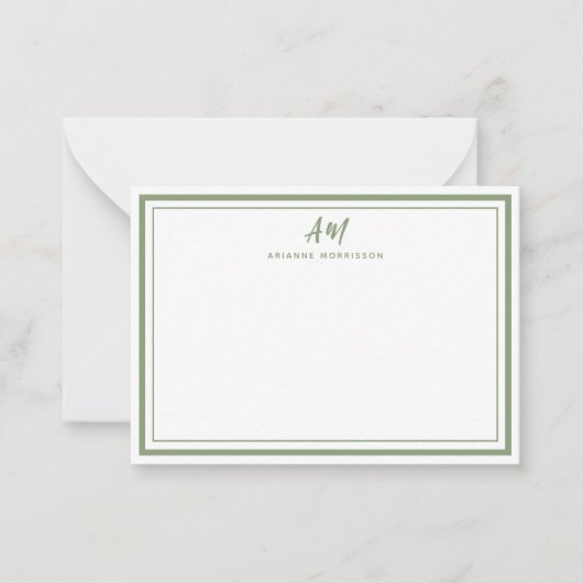 Sage Green Minimalist Monogram Thin & Thick Border Notitiekaartje (Voorkant)