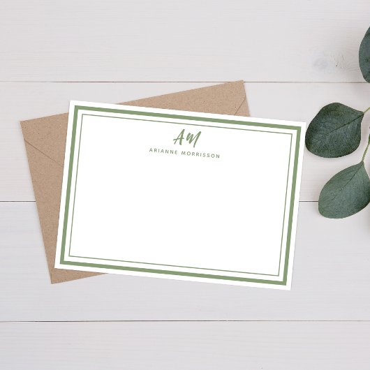 Sage Green Minimalist Monogram Thin & Thick Border Notitiekaartje