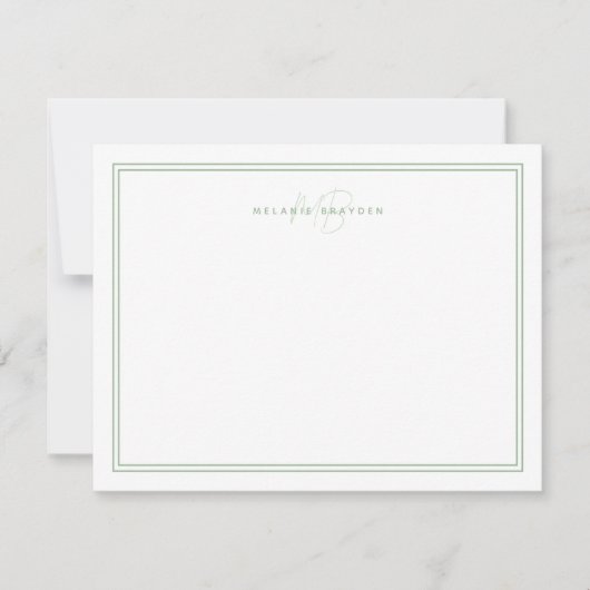 Sage Green Minimalist Monogram Twee Rand 4.25x5.5 Notitiekaartje (Voorkant)