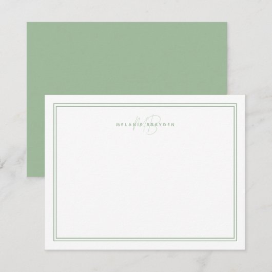 Sage Green Minimalist Monogram Twee Rand 4.25x5.5 Notitiekaartje (Voorkant / Achterkant)
