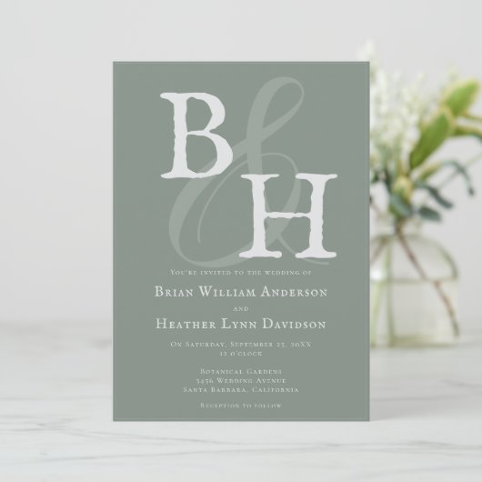 Sage Green Minimalist Monogram Weddenschap Kaart (Staand voorkant)