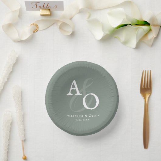 Sage Green Minimalist Monogram Weddenschap Papieren Kommen (Huwelijk)