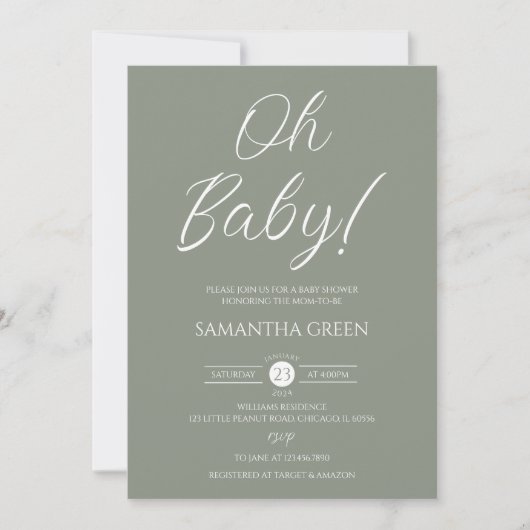 Sage Green Minimalist OH Baby Baby shower Kaart (Voorkant)