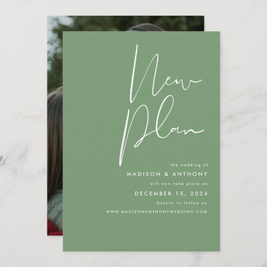 Sage Green Minimalist Photo New Plan Wedding Aankondiging (Voorkant / Achterkant)