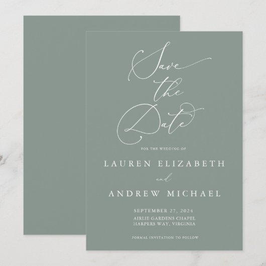 Sage Green Minimalist Save the Date Invitation Kaart (Voorkant / Achterkant)