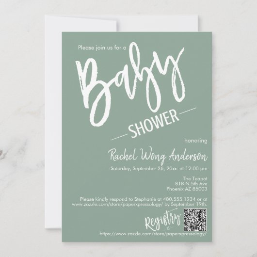 Sage Green Minimalist Script Baby shower QR Code Kaart (Voorkant)