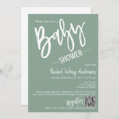 Sage Green Minimalist Script Baby shower QR Code Kaart (Voorkant / Achterkant)