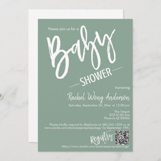 Sage Green Minimalist Script Baby shower QR Code Kaart (Voorkant / Achterkant)