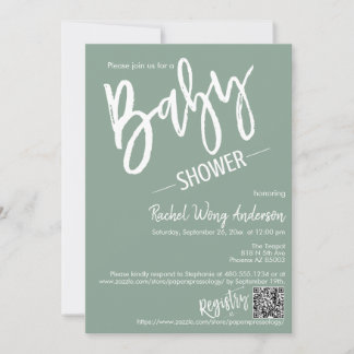 Sage Green Minimalist Script Baby shower QR Code Kaart