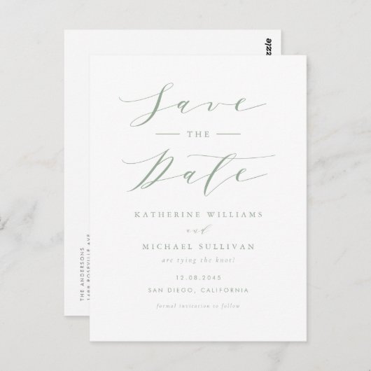 Sage Green Minimalist Script QR Code Save the Date Briefkaart (Voorkant / Achterkant)