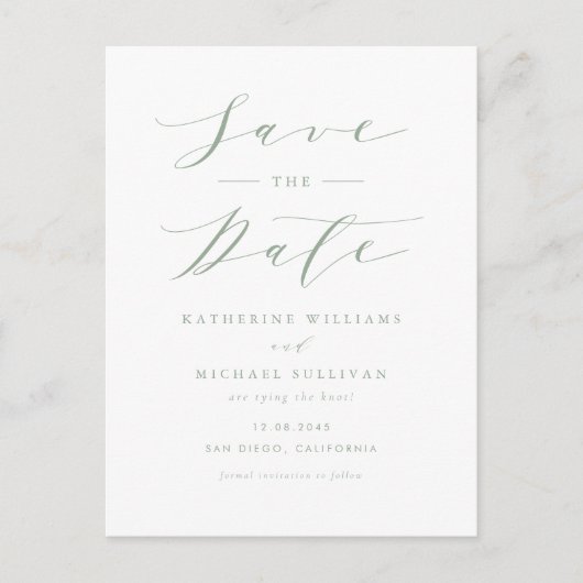 Sage Green Minimalist Script QR Code Save the Date Briefkaart (Voorkant)