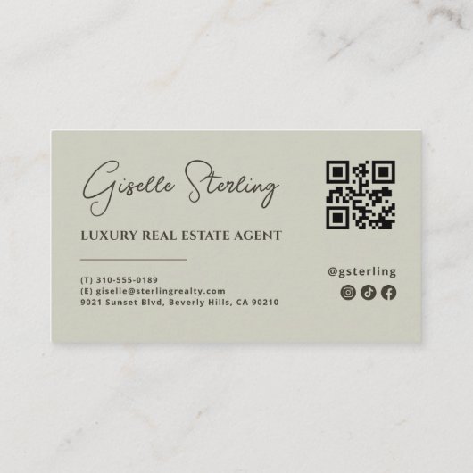 Sage Green Minimalist Script QR Code Visitekaartje (Achterkant)