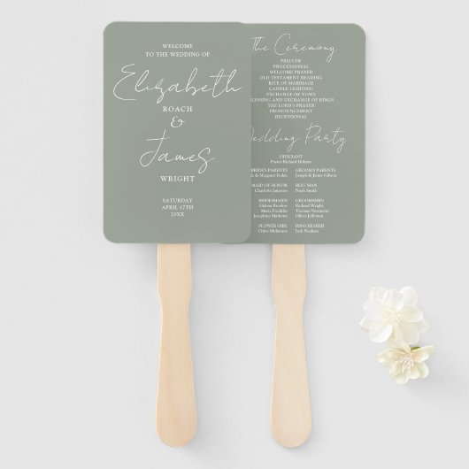 Sage Green Minimalist Script Wedding Program Handwaaier (Voorkant en achterkant)