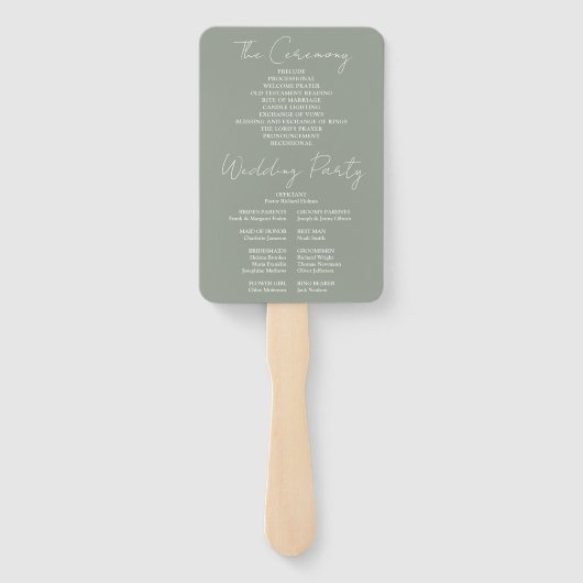 Sage Green Minimalist Script Wedding Program Handwaaier (Achterkant)