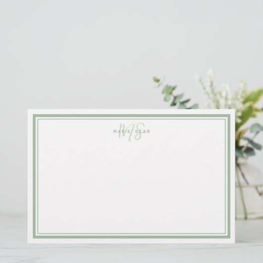 Sage Green Minimalist Simple Monogram Two Border Briefpapier (Staand voorkant)