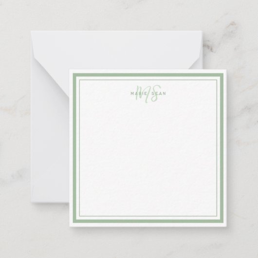Sage Green Minimalist Simple Monogram Two Border Notitiekaartje (Voorkant)