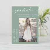Sage Green Minimalist Two Photo Graduparty Kaart (Staand voorkant)