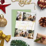 Sage Green Minimalist Vier Foto Joyful Kerstmis Folie Feestdagenkaart<br><div class="desc">Een kerstfoliekaart met vier bewerkbare familiefoto's en een scriptkalligrafie met groene letters van het woord "Joyful" in het midden.</div>
