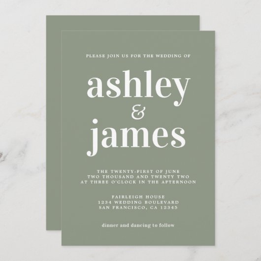 Sage Green Minimalist Wedding Invitation Kaart (Voorkant / Achterkant)