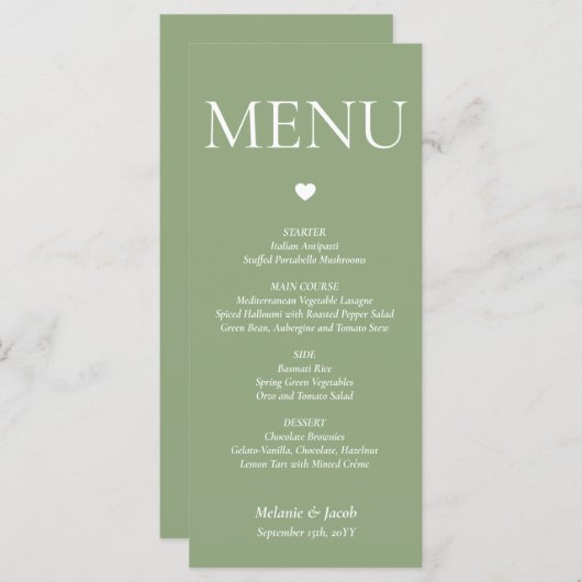 Sage Green Minimalist Wedding Menu Flat Kaart (Voorkant / Achterkant)