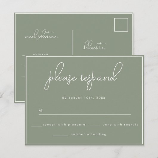 Sage Green Minimalist Wedding RSVP Briefkaart (Voorkant / Achterkant)