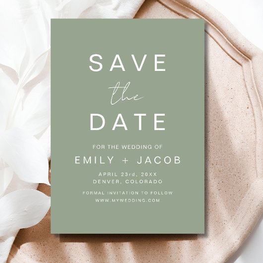 Sage Green Minimalist Wedding Save the Date Kaart