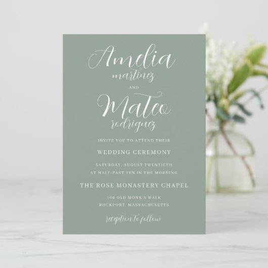 Sage Green Minimalist White Script Wedding Kaart (Staand voorkant)