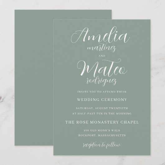 Sage Green Minimalist White Script Wedding Kaart (Voorkant / Achterkant)