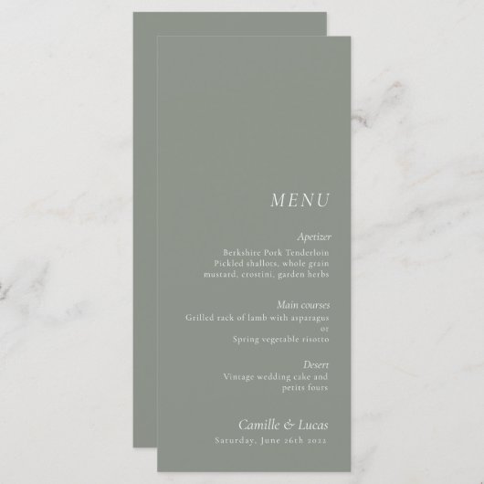 Sage Green Minimalistisch & Elegant bruiloft Menu (Voorkant / Achterkant)