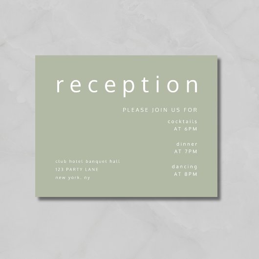 Sage Green minimalistische bruiloft receptie Informatiekaartje