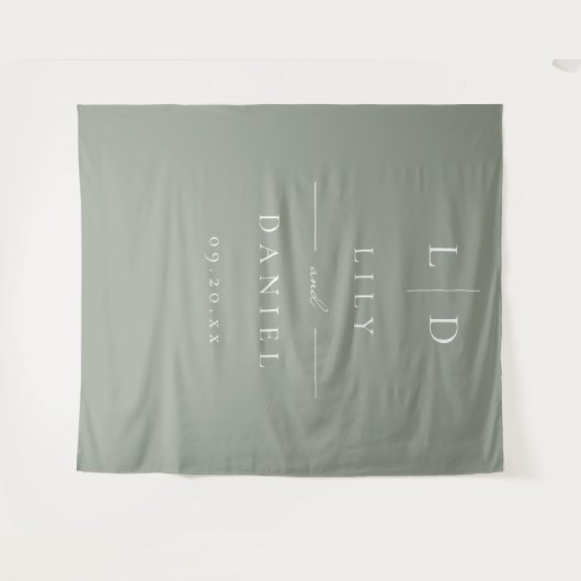 Sage Green Minimalistische Monogram Huwelijksachte Wandkleed (Voorkant (horizontaal))